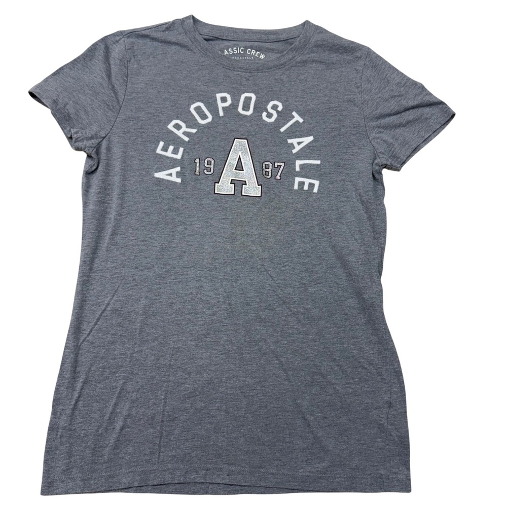 Aeropostale Womens Classic Crew T-Shirt Gray Glitter Logo Graphic Tee Large